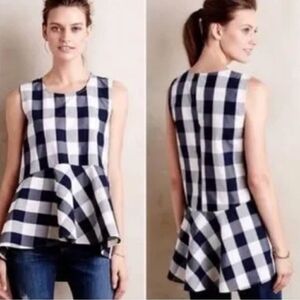 Anthropologie Cream and Blue Peplum Blouse Sleeveless